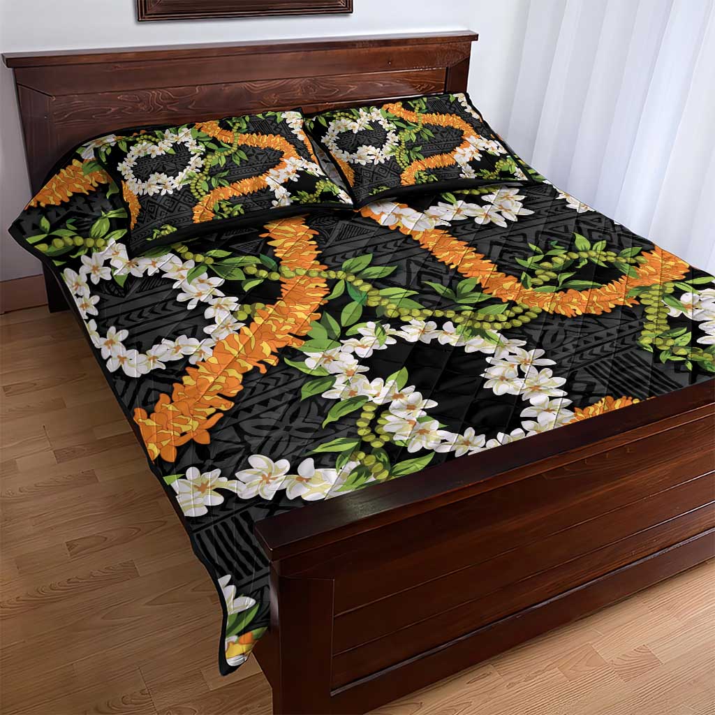 Aloha Festive Hawaii Quilt Bed Set Mokihana - Maile and Ilima on Black - Polynesian Pride