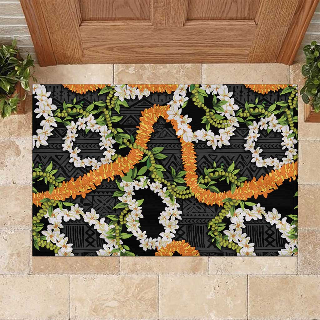 Aloha Festive Hawaii Rubber Doormat Mokihana - Maile and Ilima on Black - Polynesian Pride