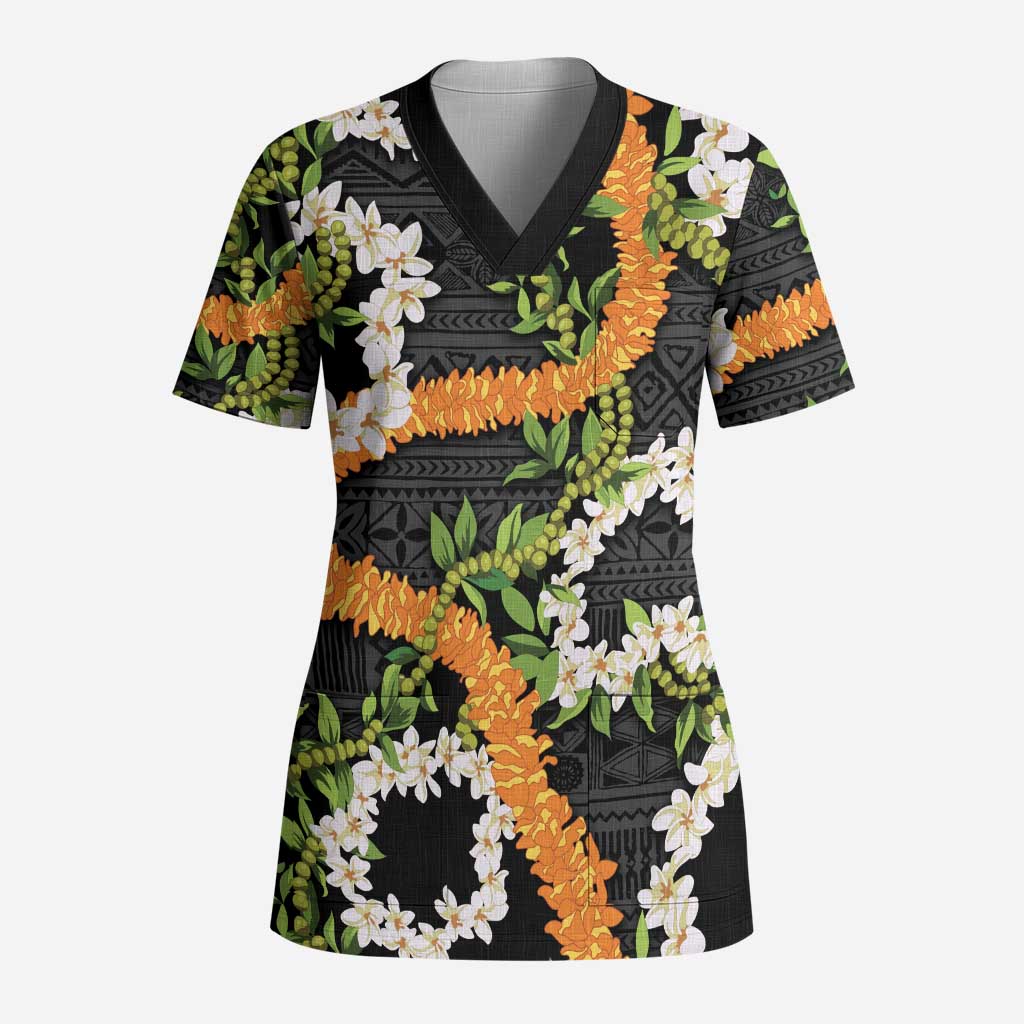 Aloha Festive Hawaii Scrub Top Mokihana - Maile and Ilima on Black - Polynesian Pride