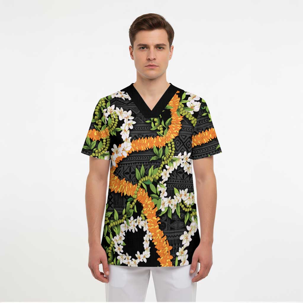 Aloha Festive Hawaii Scrub Top Mokihana - Maile and Ilima on Black - Polynesian Pride