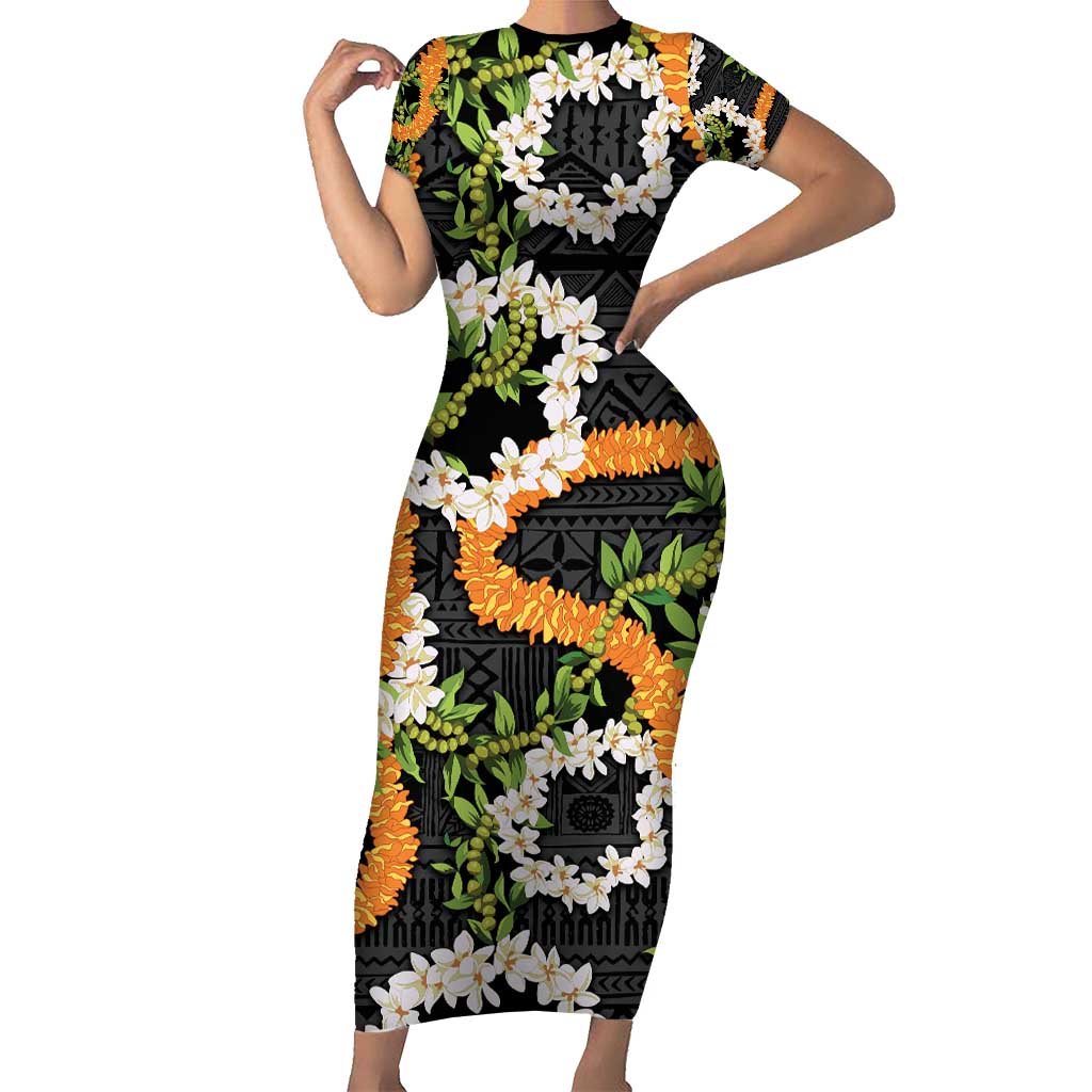 Aloha Festive Hawaii Short Sleeve Bodycon Dress Mokihana - Maile and Ilima on Black - Polynesian Pride