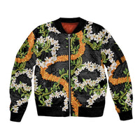 Aloha Festive Hawaii Sleeve Zip Bomber Jacket Mokihana - Maile and Ilima on Black - Polynesian Pride