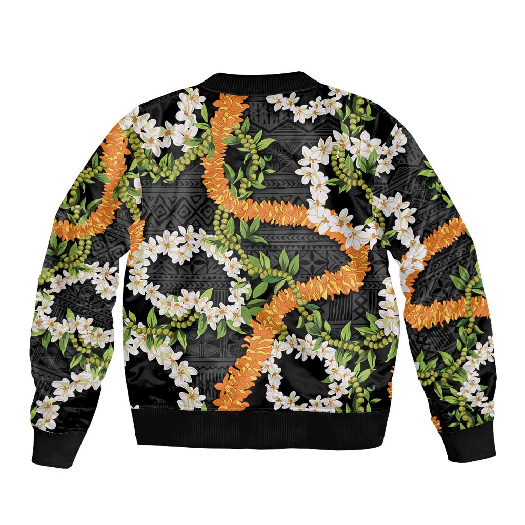 Aloha Festive Hawaii Sleeve Zip Bomber Jacket Mokihana - Maile and Ilima on Black - Polynesian Pride