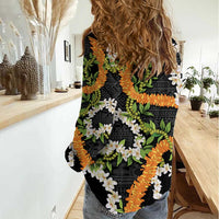 Aloha Festive Hawaii Women Casual Shirt Mokihana - Maile and Ilima on Black - Polynesian Pride