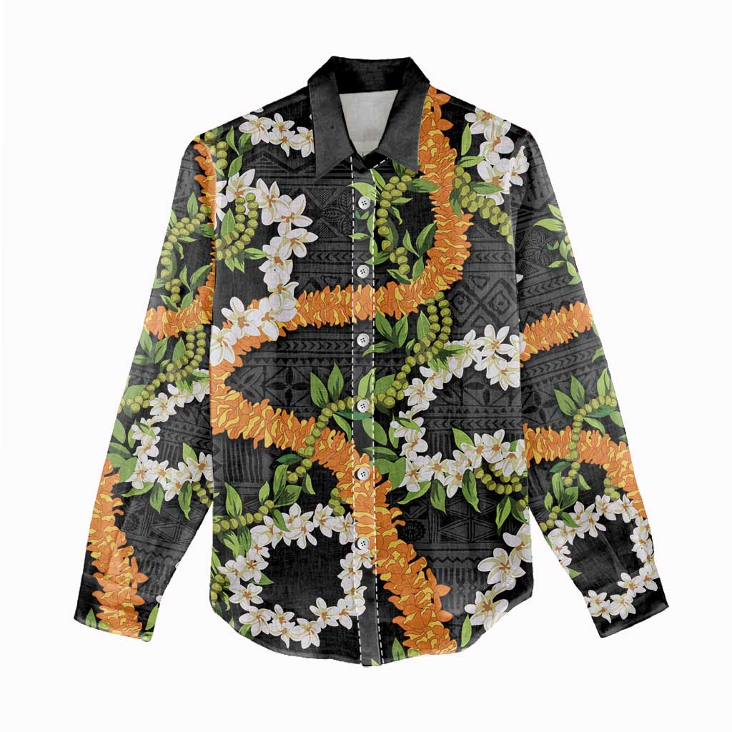 Aloha Festive Hawaii Women Casual Shirt Mokihana - Maile and Ilima on Black - Polynesian Pride