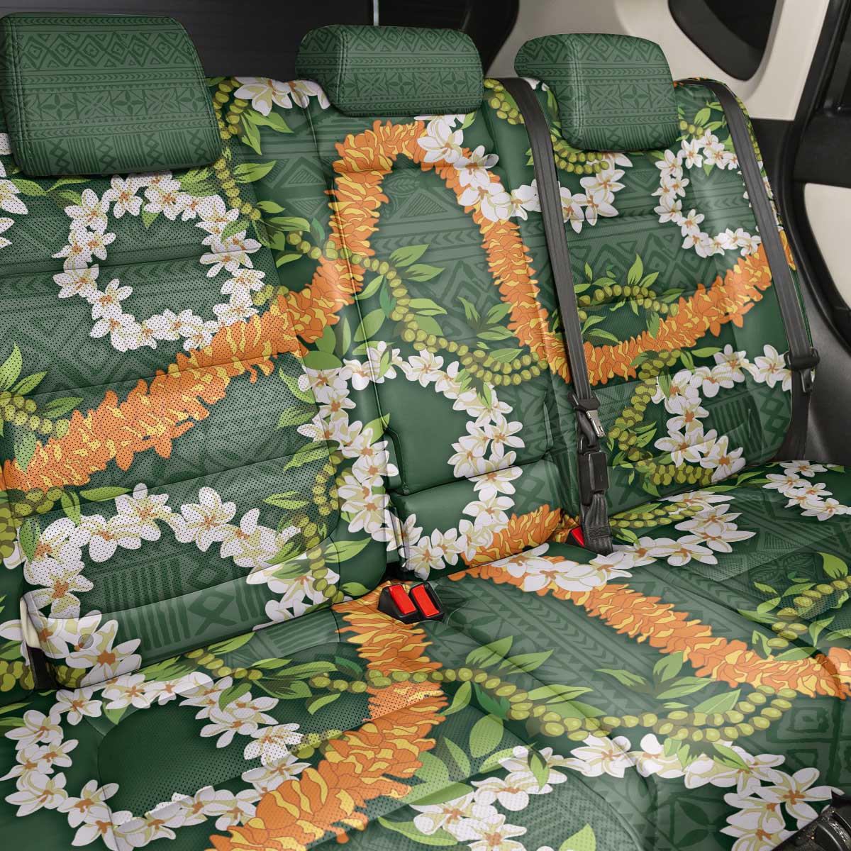Aloha Festive Hawaii Back Car Seat Cover Mokihana - Maile and Ilima on Forest Green - Polynesian Pride