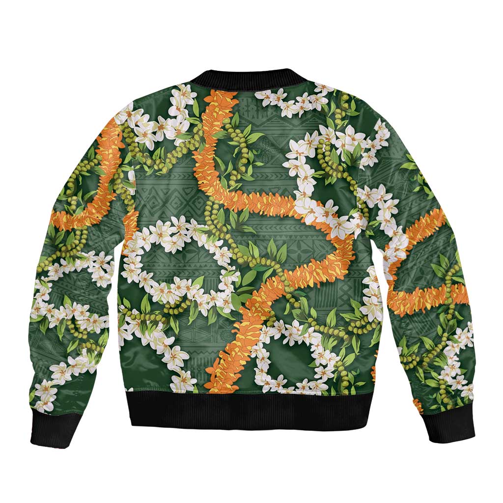 Aloha Festive Hawaii Bomber Jacket Mokihana - Maile and Ilima on Forest Green - Polynesian Pride