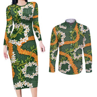 Aloha Festive Hawaii Couples Matching Long Sleeve Bodycon Dress and Long Sleeve Button Shirt Mokihana - Maile and Ilima on Forest Green - Polynesian Pride