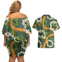 Aloha Festive Hawaii Couples Matching Off Shoulder Short Dress and Hawaiian Shirt Mokihana - Maile and Ilima on Forest Green - Polynesian Pride
