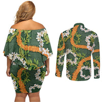 Aloha Festive Hawaii Couples Matching Off Shoulder Short Dress and Long Sleeve Button Shirt Mokihana - Maile and Ilima on Forest Green - Polynesian Pride