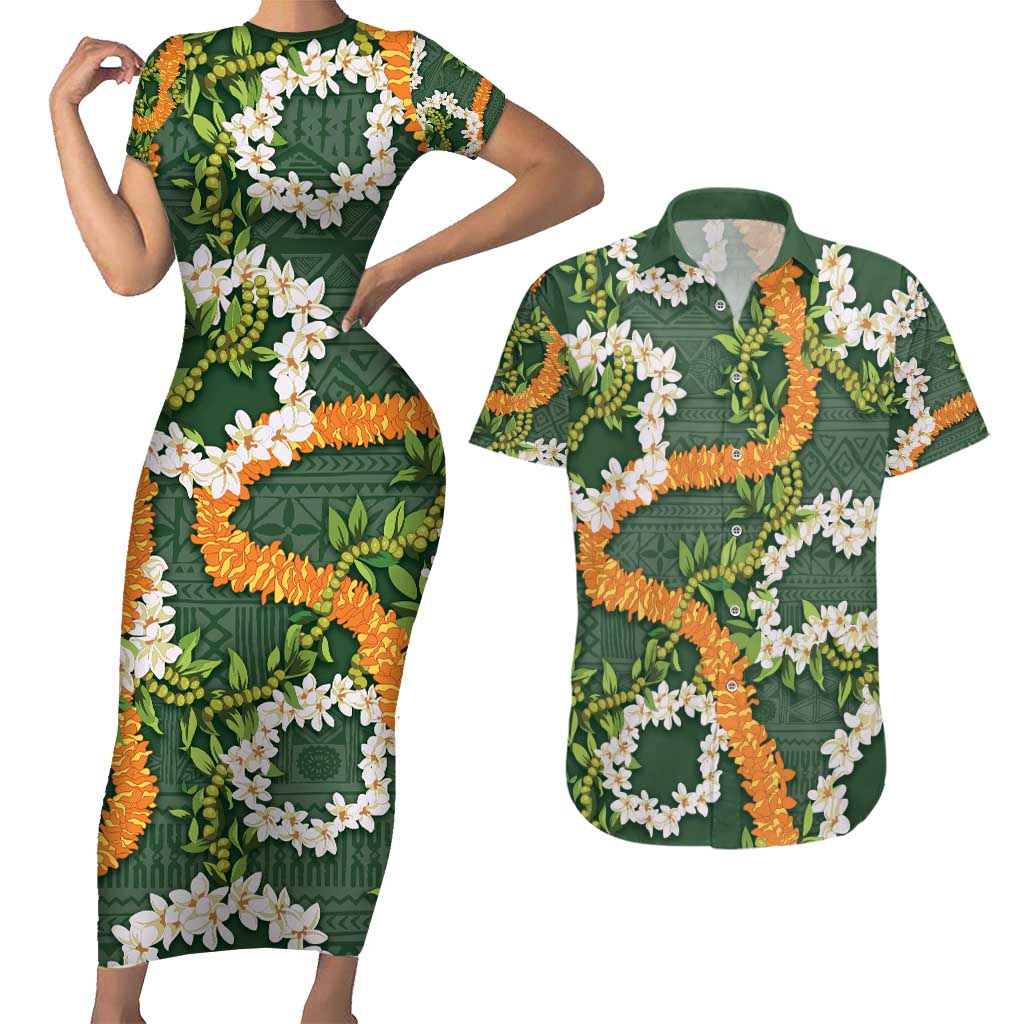 Aloha Festive Hawaii Couples Matching Short Sleeve Bodycon Dress and Hawaiian Shirt Mokihana - Maile and Ilima on Forest Green - Polynesian Pride