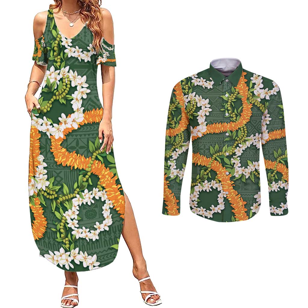 Aloha Festive Hawaii Couples Matching Summer Maxi Dress and Long Sleeve Button Shirt Mokihana - Maile and Ilima on Forest Green - Polynesian Pride