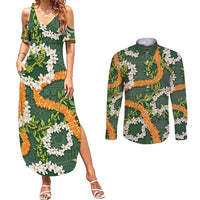 Aloha Festive Hawaii Couples Matching Summer Maxi Dress and Long Sleeve Button Shirt Mokihana - Maile and Ilima on Forest Green - Polynesian Pride