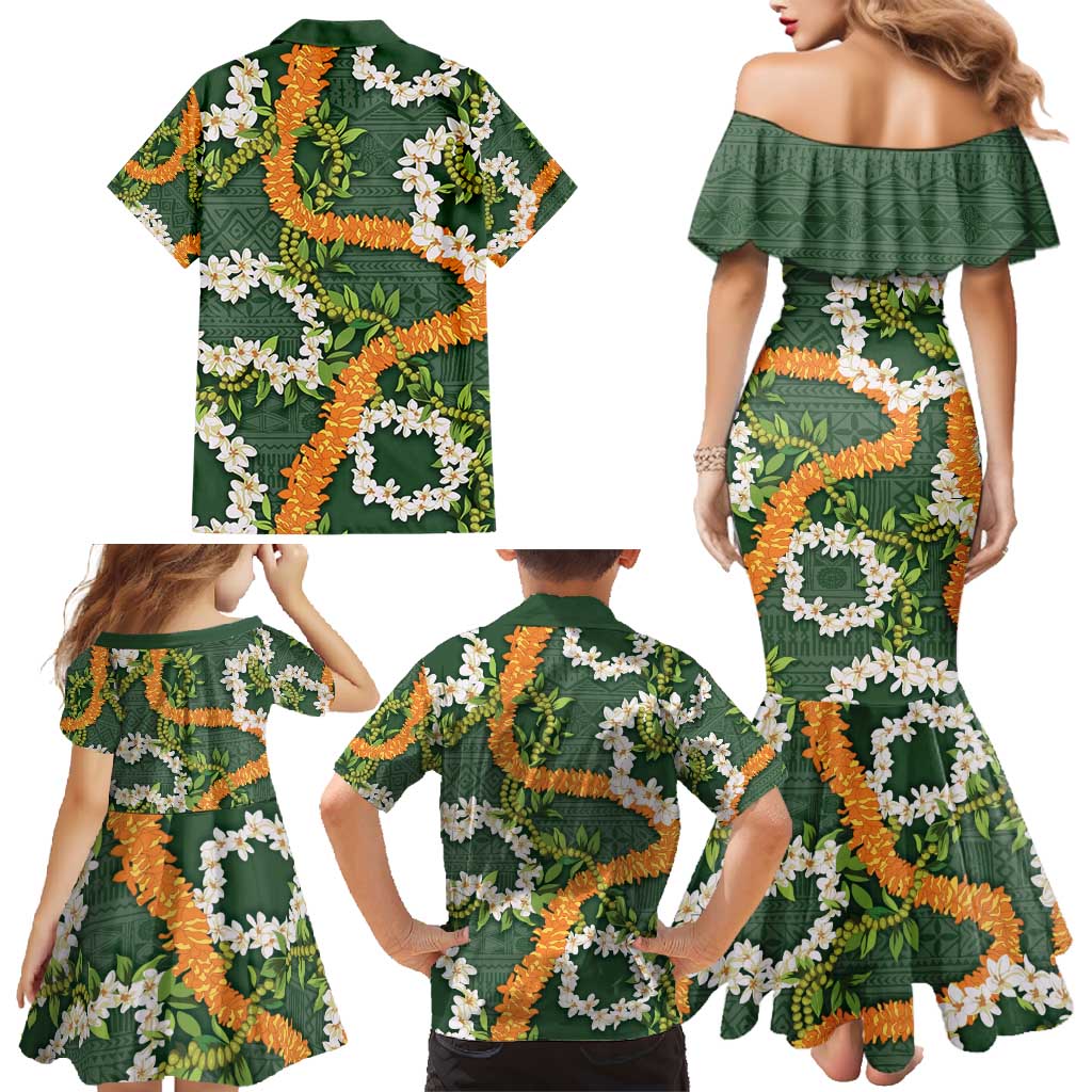 Aloha Festive Hawaii Family Matching Mermaid Dress and Hawaiian Shirt Mokihana - Maile and Ilima on Forest Green - Polynesian Pride