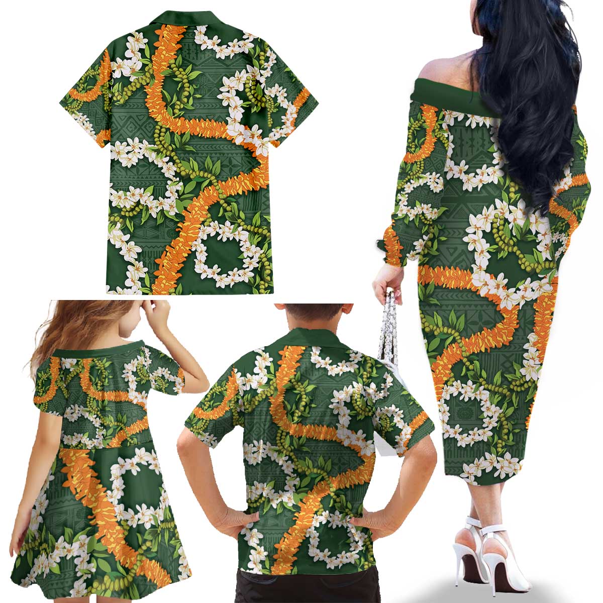 Aloha Festive Hawaii Family Matching Off The Shoulder Long Sleeve Dress and Hawaiian Shirt Mokihana - Maile and Ilima on Forest Green - Polynesian Pride