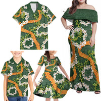 Aloha Festive Hawaii Family Matching Off Shoulder Maxi Dress and Hawaiian Shirt Mokihana - Maile and Ilima on Forest Green - Polynesian Pride
