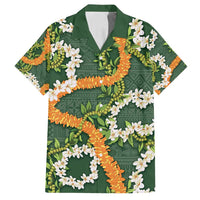 Aloha Festive Hawaii Family Matching Off Shoulder Maxi Dress and Hawaiian Shirt Mokihana - Maile and Ilima on Forest Green - Polynesian Pride