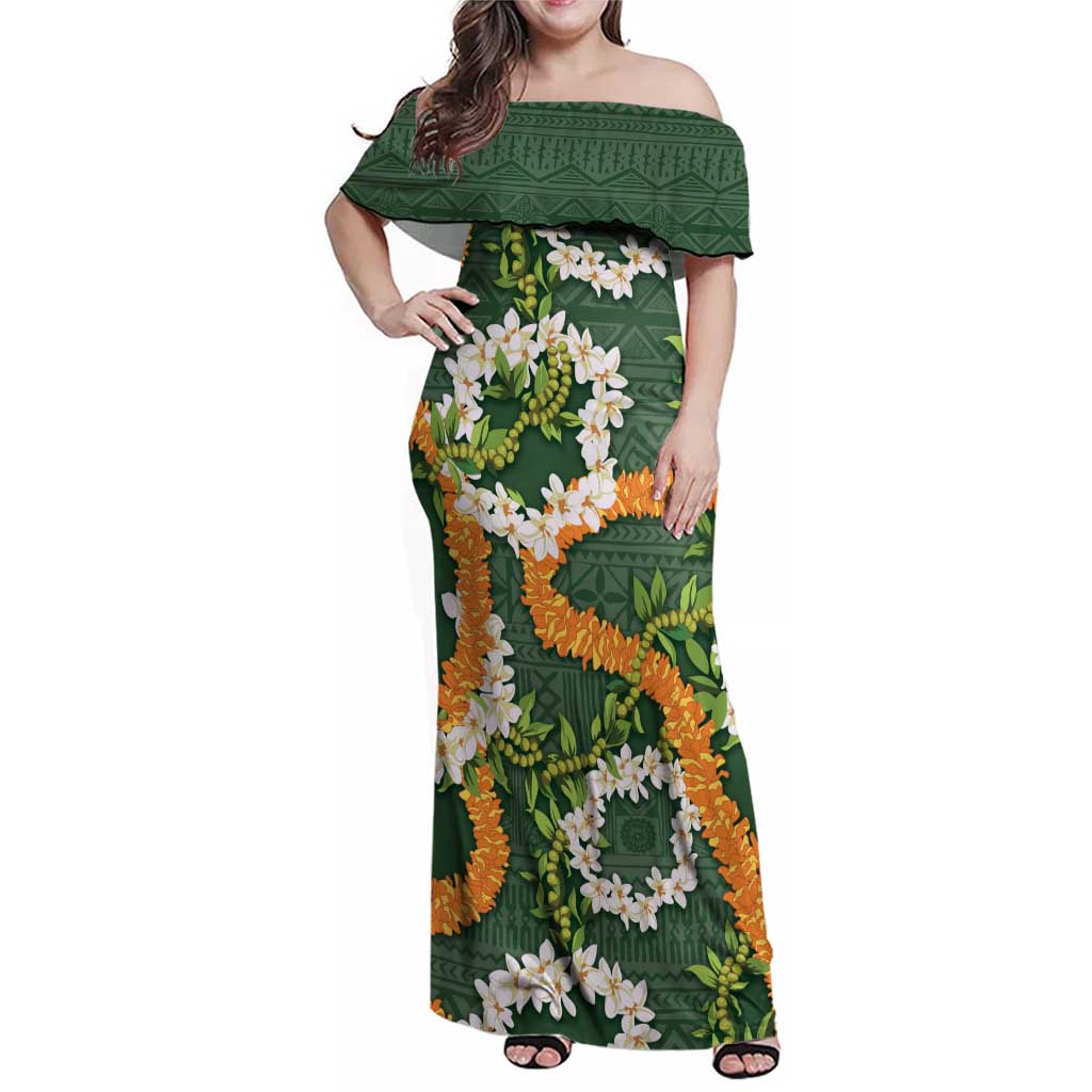 Aloha Festive Hawaii Family Matching Off Shoulder Maxi Dress and Hawaiian Shirt Mokihana - Maile and Ilima on Forest Green - Polynesian Pride