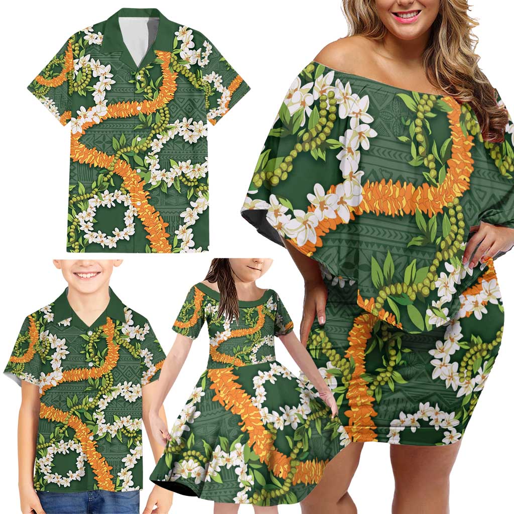 Aloha Festive Hawaii Family Matching Off Shoulder Short Dress and Hawaiian Shirt Mokihana - Maile and Ilima on Forest Green - Polynesian Pride