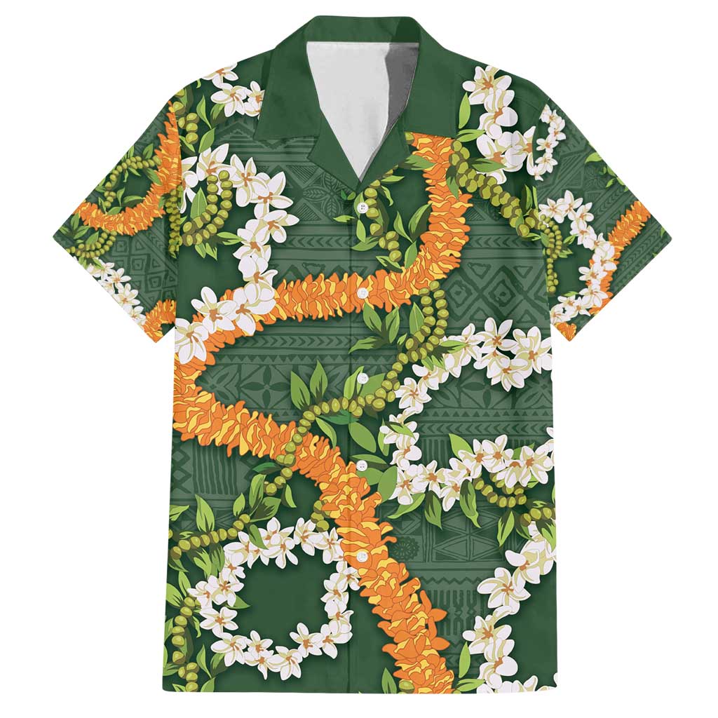 Aloha Festive Hawaii Family Matching Off Shoulder Short Dress and Hawaiian Shirt Mokihana - Maile and Ilima on Forest Green - Polynesian Pride