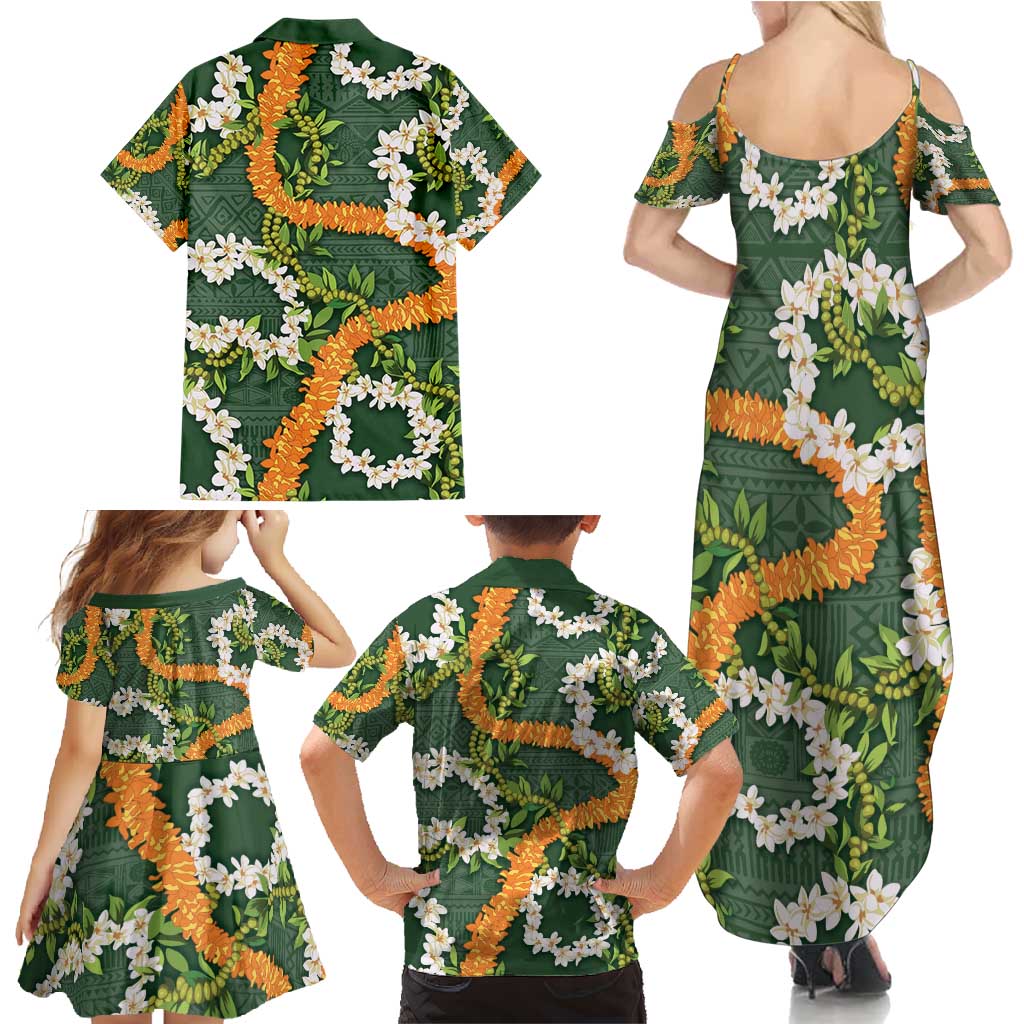 Aloha Festive Hawaii Family Matching Summer Maxi Dress and Hawaiian Shirt Mokihana - Maile and Ilima on Forest Green - Polynesian Pride