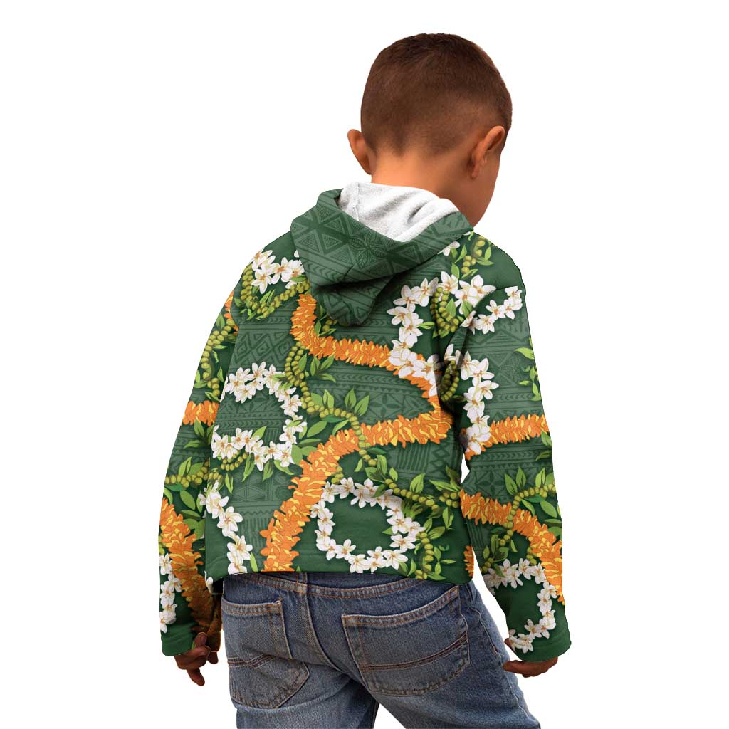 Aloha Festive Hawaii Kid Hoodie Mokihana - Maile and Ilima on Forest Green - Polynesian Pride