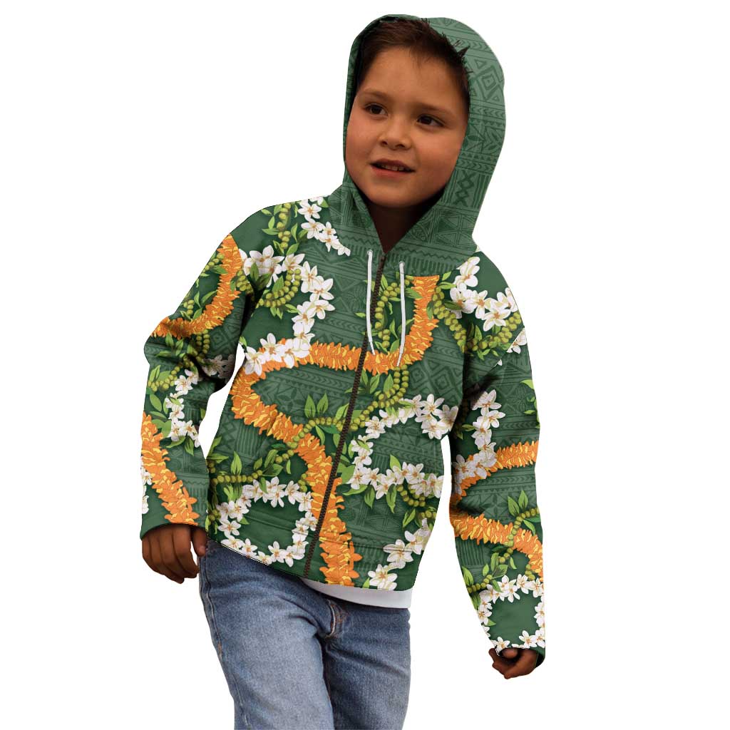 Aloha Festive Hawaii Kid Hoodie Mokihana - Maile and Ilima on Forest Green - Polynesian Pride