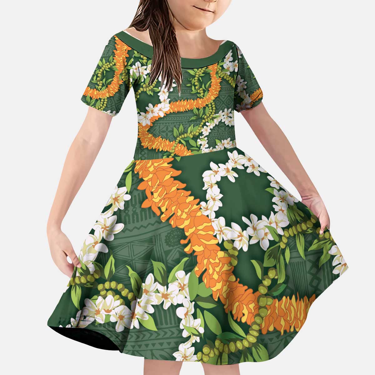 Aloha Festive Hawaii Kid Short Sleeve Dress Mokihana - Maile and Ilima on Forest Green - Polynesian Pride