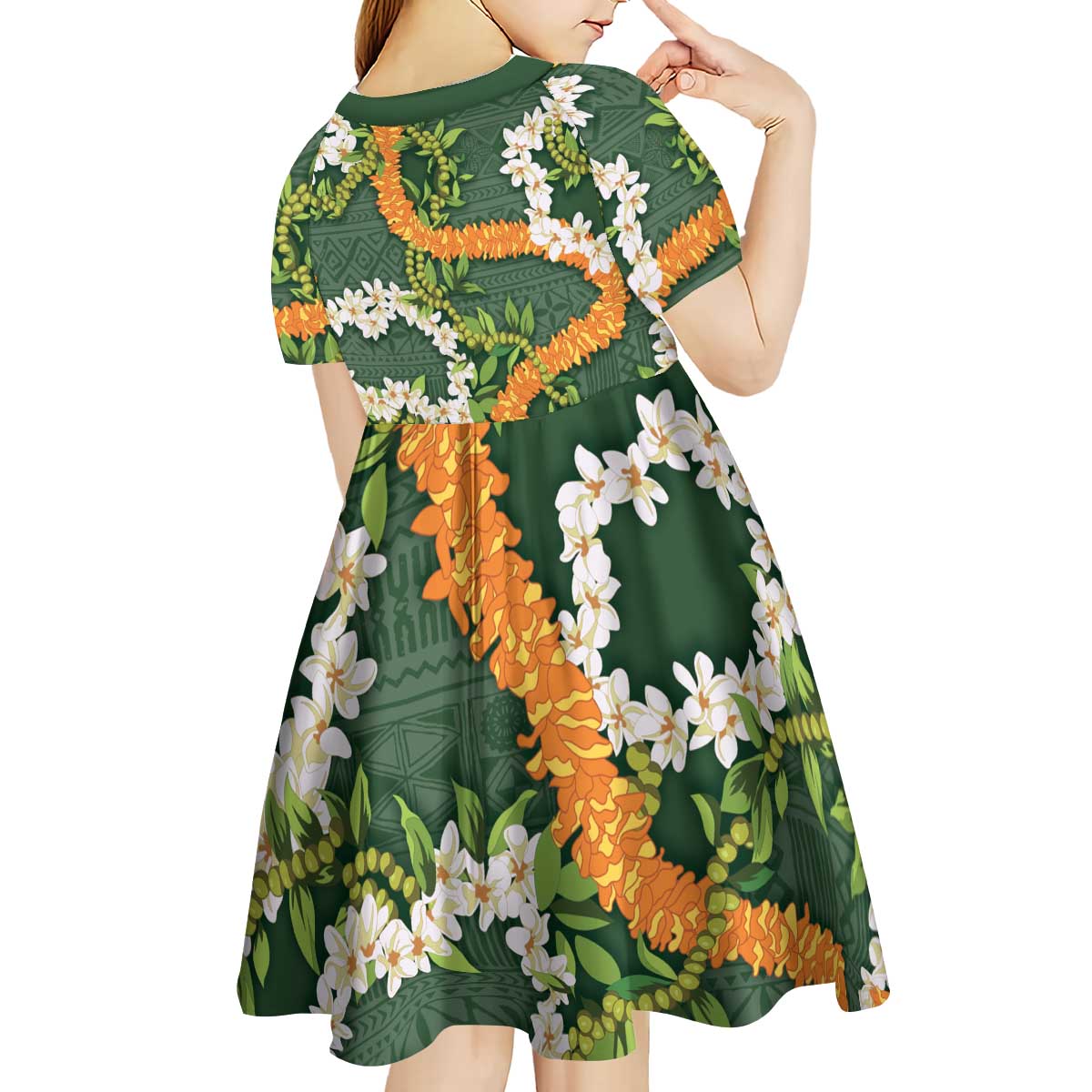 Aloha Festive Hawaii Kid Short Sleeve Dress Mokihana - Maile and Ilima on Forest Green - Polynesian Pride