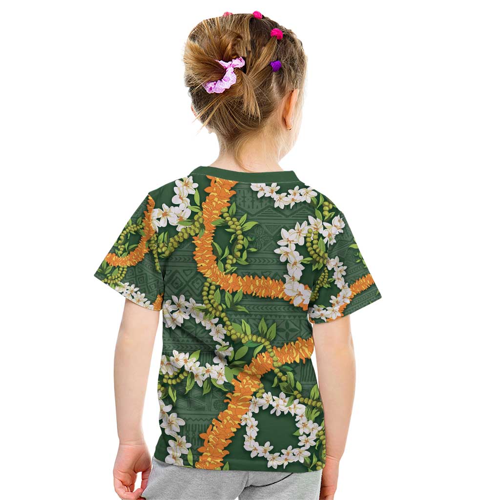 Aloha Festive Hawaii Kid T Shirt Mokihana - Maile and Ilima on Forest Green - Polynesian Pride