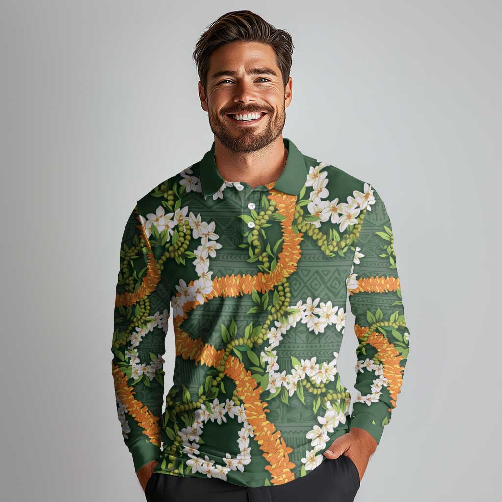 Aloha Festive Hawaii Long Sleeve Polo Shirt Mokihana - Maile and Ilima on Forest Green - Polynesian Pride