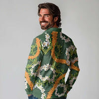 Aloha Festive Hawaii Long Sleeve Polo Shirt Mokihana - Maile and Ilima on Forest Green - Polynesian Pride