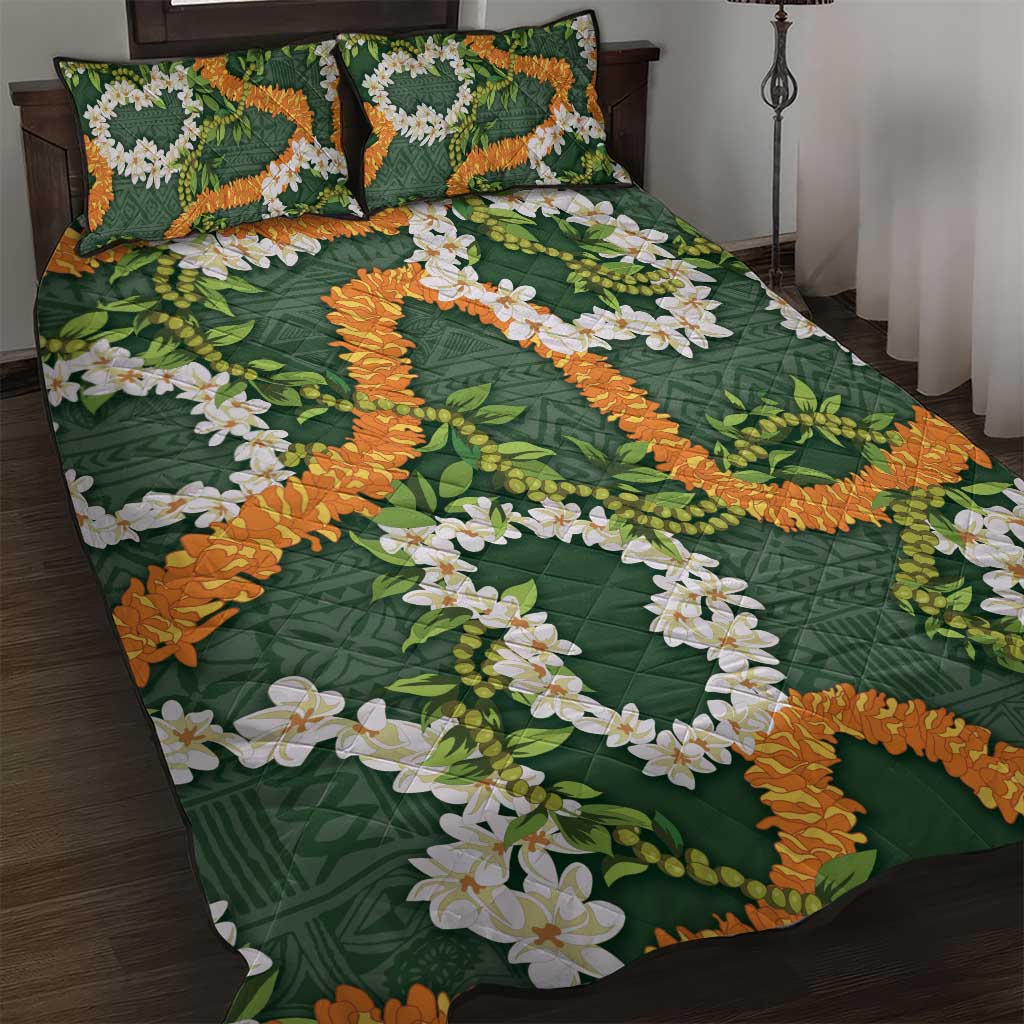Aloha Festive Hawaii Quilt Bed Set Mokihana - Maile and Ilima on Forest Green - Polynesian Pride