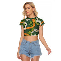 Aloha Festive Hawaii Raglan Cropped T Shirt Mokihana - Maile and Ilima on Forest Green - Polynesian Pride