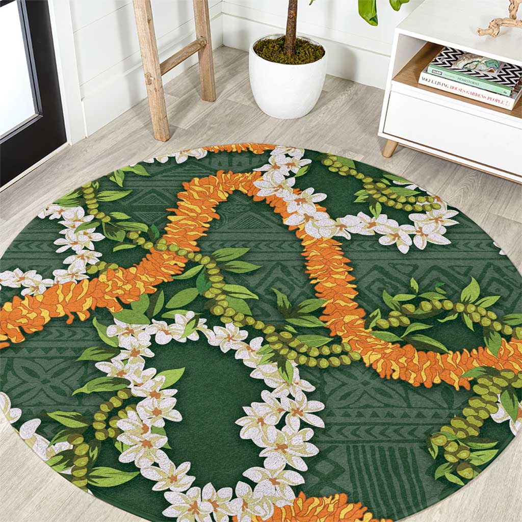 Aloha Festive Hawaii Round Carpet Mokihana - Maile and Ilima on Forest Green - Polynesian Pride