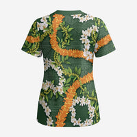 Aloha Festive Hawaii Scrub Top Mokihana - Maile and Ilima on Forest Green - Polynesian Pride
