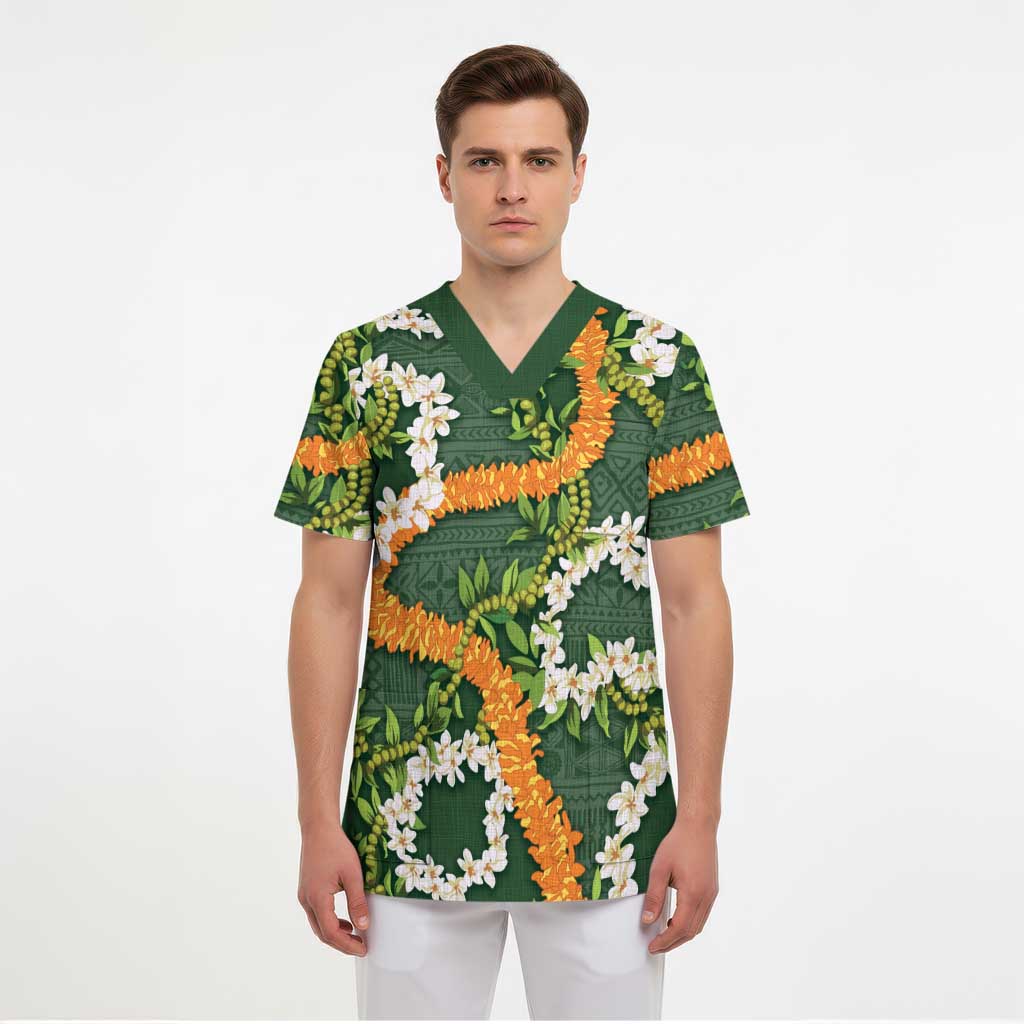 Aloha Festive Hawaii Scrub Top Mokihana - Maile and Ilima on Forest Green - Polynesian Pride