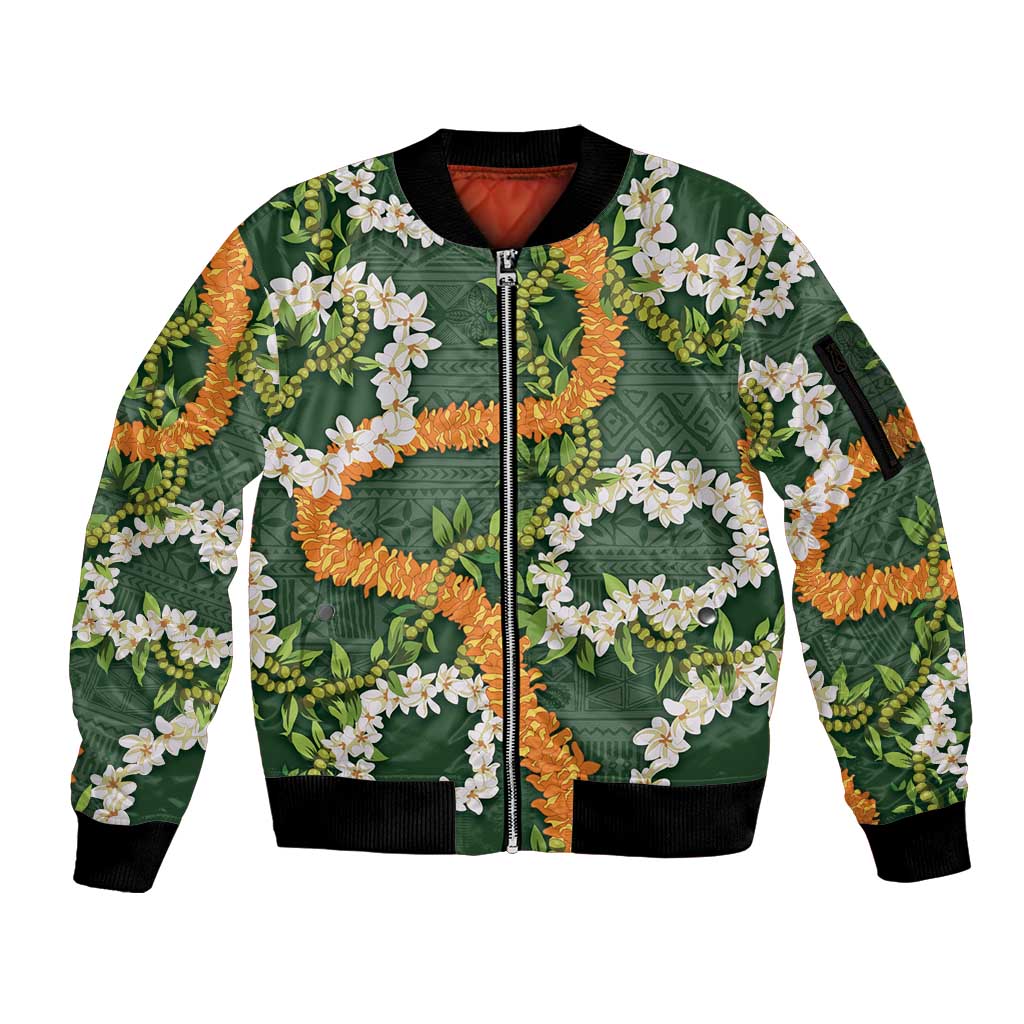 Aloha Festive Hawaii Sleeve Zip Bomber Jacket Mokihana - Maile and Ilima on Forest Green - Polynesian Pride