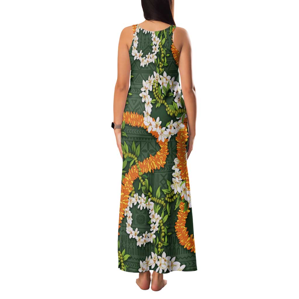 Aloha Festive Hawaii Tank Maxi Dress Mokihana - Maile and Ilima on Forest Green - Polynesian Pride