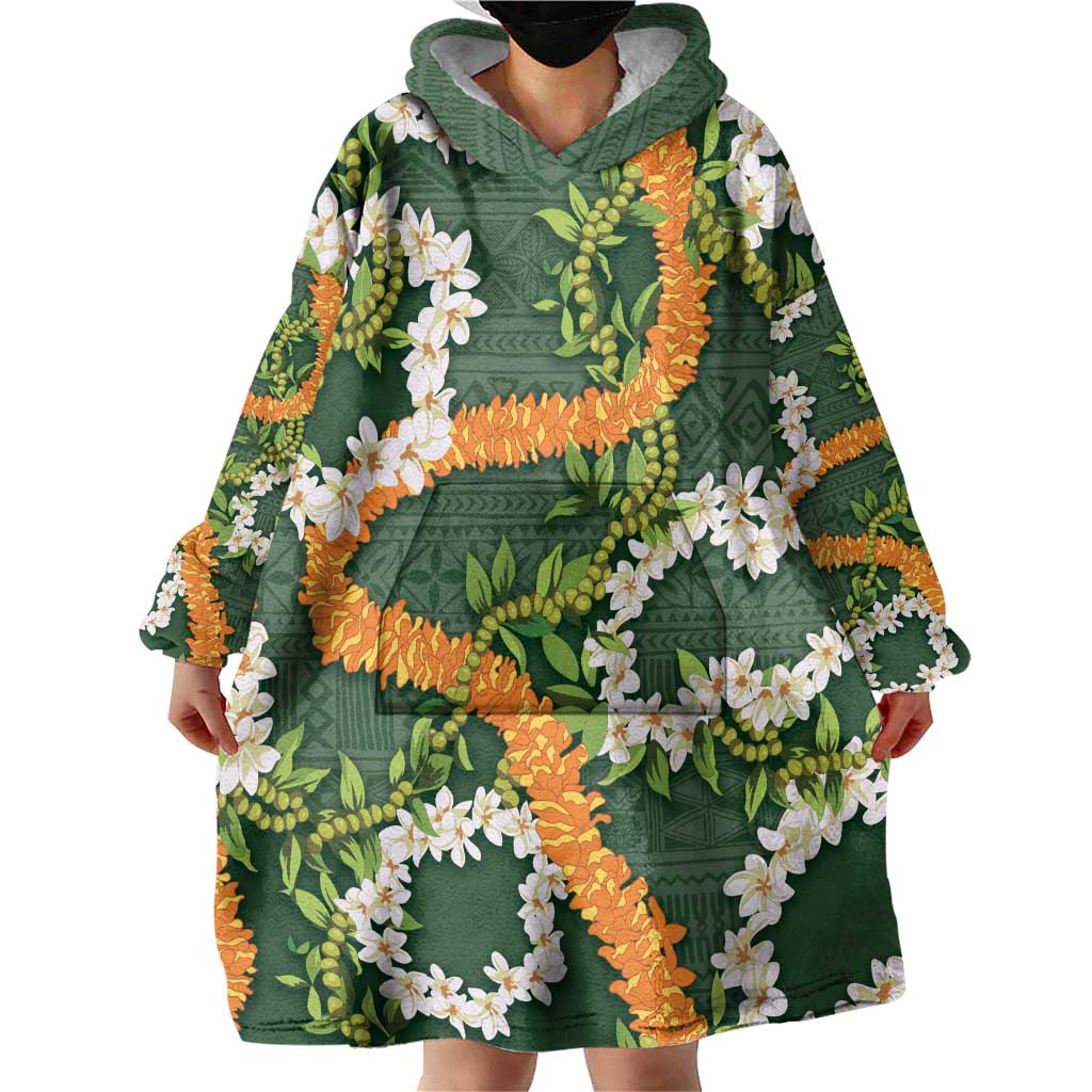 Aloha Festive Hawaii Wearable Blanket Hoodie Mokihana - Maile and Ilima on Forest Green - Polynesian Pride