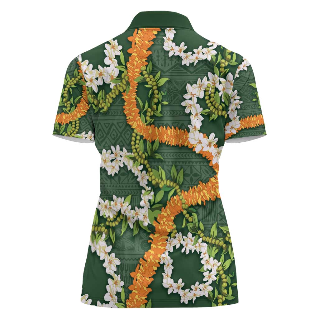 Aloha Festive Hawaii Women Polo Shirt Mokihana - Maile and Ilima on Forest Green - Polynesian Pride