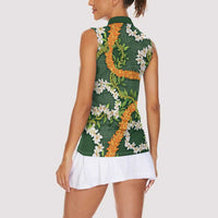 Aloha Festive Hawaii Women Sleeveless Polo Shirt Mokihana - Maile and Ilima on Forest Green - Polynesian Pride