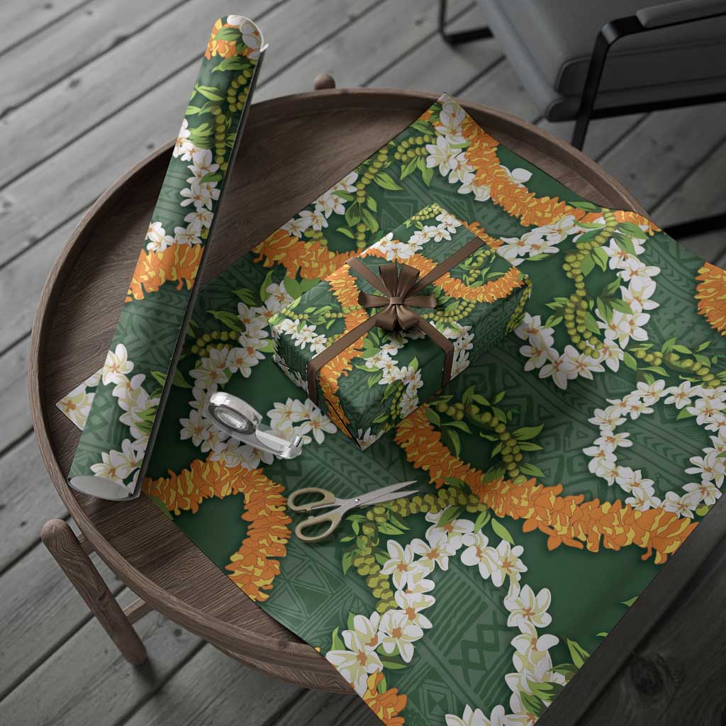 Aloha Festive Hawaii Wrapping Paper Mokihana - Maile and Ilima on Forest Green