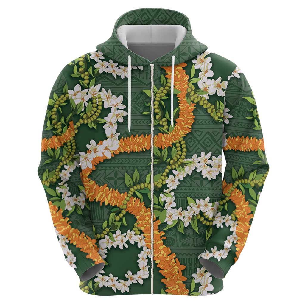Aloha Festive Hawaii Zip Hoodie Mokihana - Maile and Ilima on Forest Green - Polynesian Pride