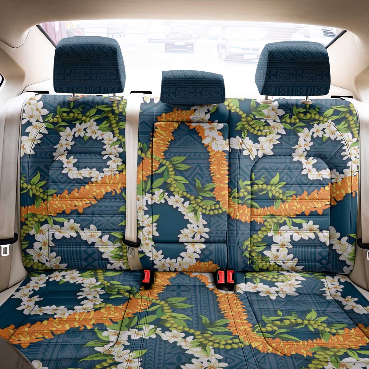 Aloha Festive Hawaii Back Car Seat Cover Mokihana - Maile and Ilima on Navy Blue - Polynesian Pride