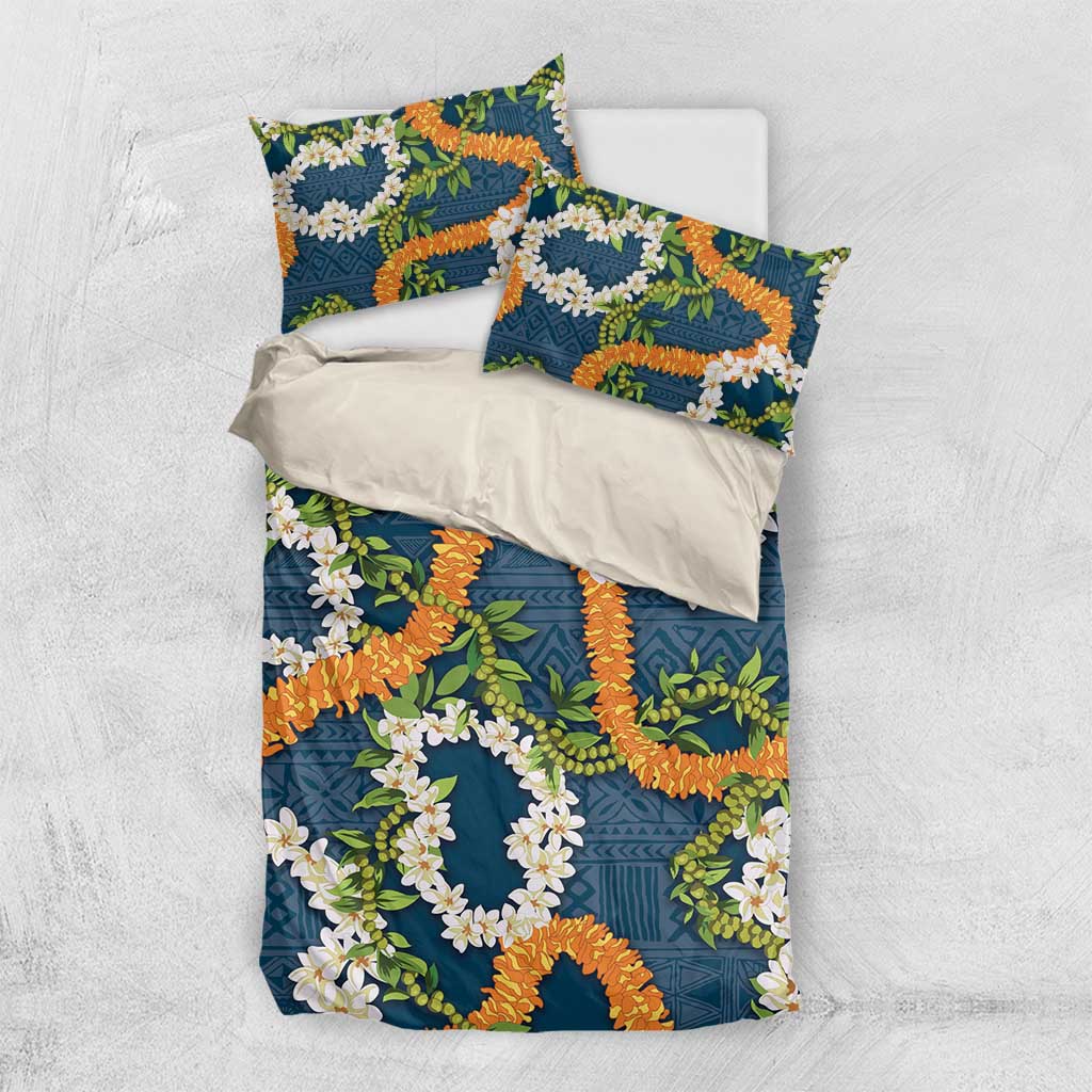 Aloha Festive Hawaii Bedding Set Mokihana - Maile and Ilima on Navy Blue - Polynesian Pride