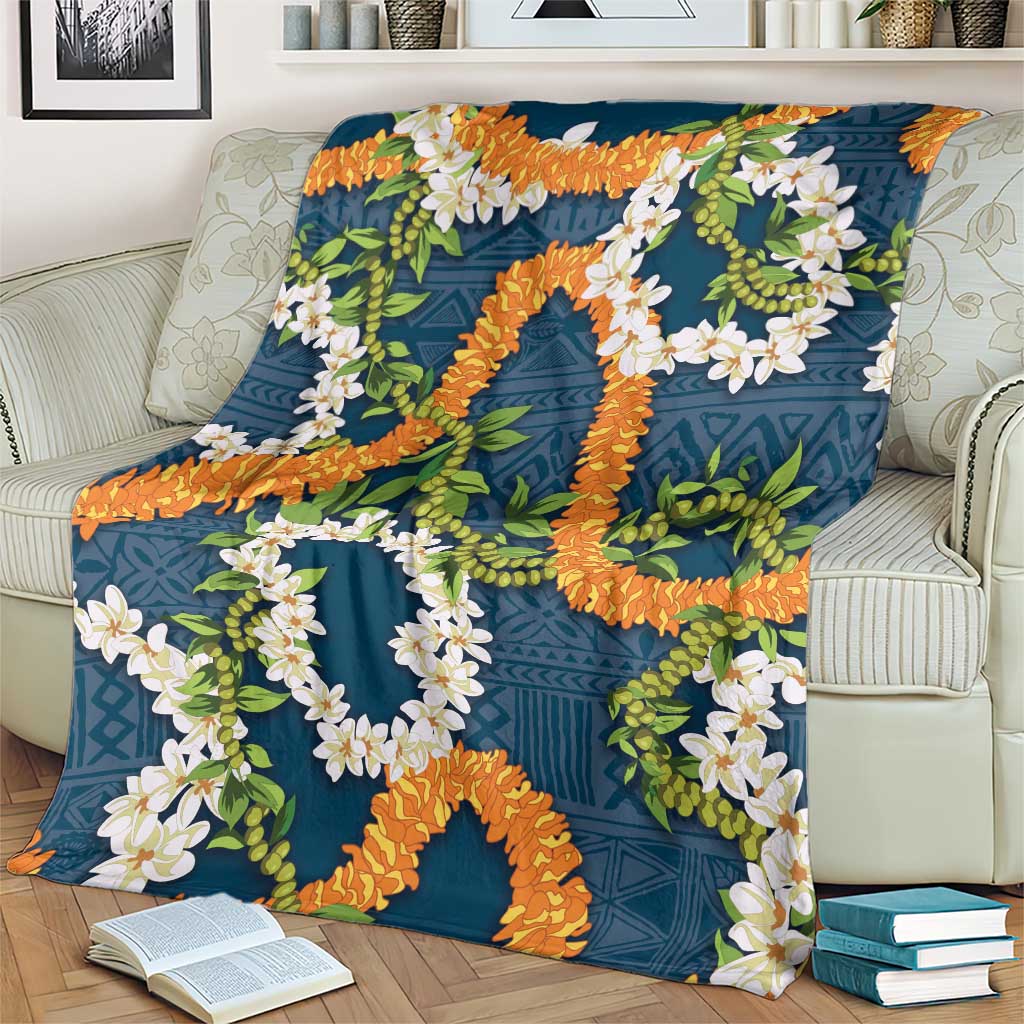 Aloha Festive Hawaii Blanket Mokihana - Maile and Ilima on Navy Blue - Polynesian Pride