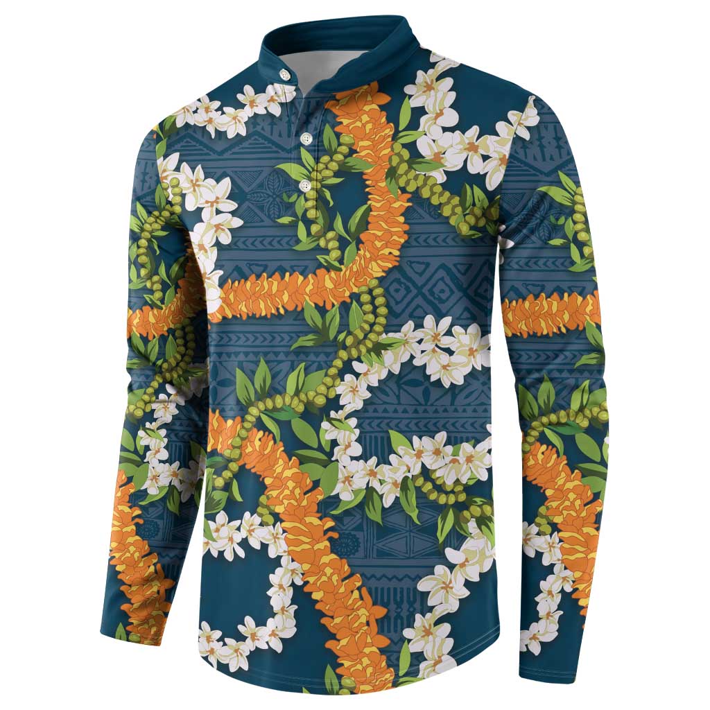 Aloha Festive Hawaii Button Sweatshirt Mokihana - Maile and Ilima on Navy Blue - Polynesian Pride