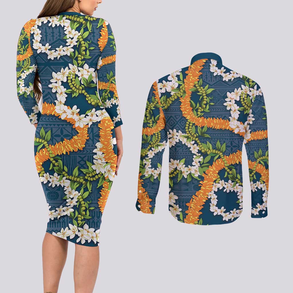 Aloha Festive Hawaii Couples Matching Long Sleeve Bodycon Dress and Long Sleeve Button Shirt Mokihana - Maile and Ilima on Navy Blue - Polynesian Pride