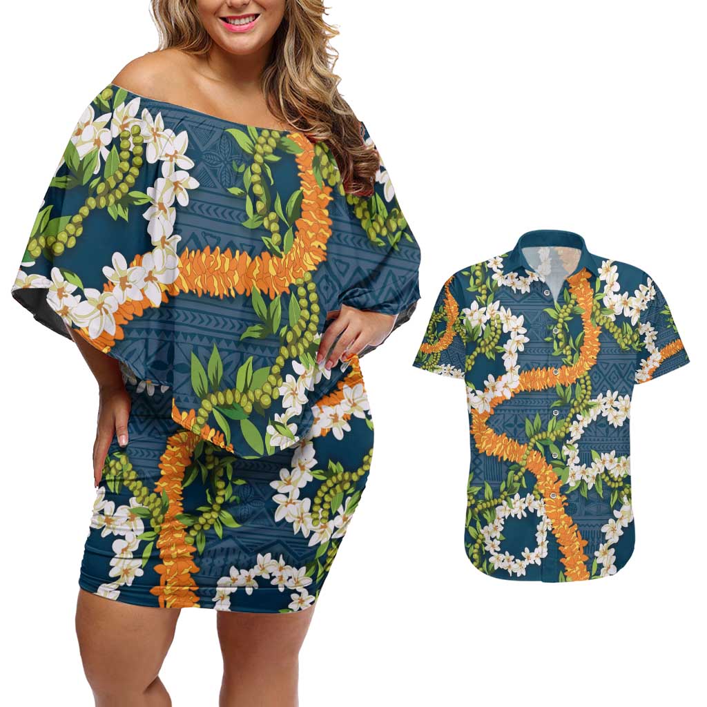 Aloha Festive Hawaii Couples Matching Off Shoulder Short Dress and Hawaiian Shirt Mokihana - Maile and Ilima on Navy Blue - Polynesian Pride